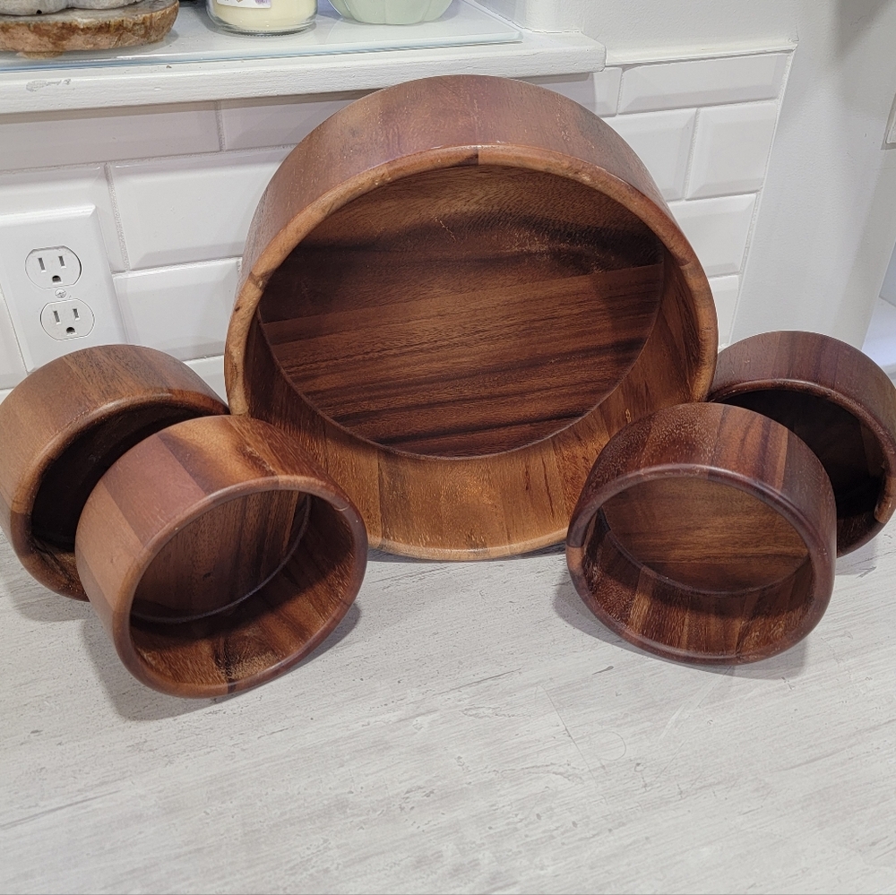 Vintage Wooden Salad Bowl Set: Serving Bowl & 4 Small Bowls - Picture 16 of 17